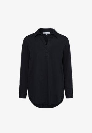 Camicia nera a maniche lunghe con colletto, scollo a V e polsini con bottoni. Texture liscia, orlo arrotondato, senza motivi visibili o dettagli hardware.