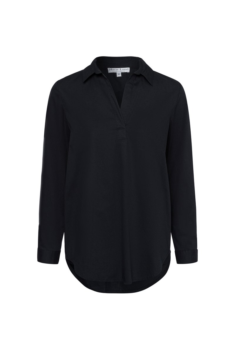 Schwarzes Langarmshirt mit Kragen, V-Ausschnitt und geknöpften Manschetten. Glatte Textur, abgerundeter Saum, keine sichtbaren Muster oder Hardwaredetails.