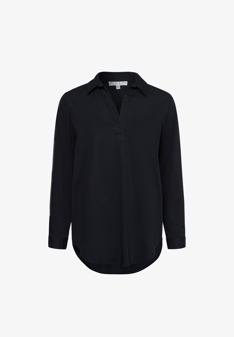 Schwarzes Langarmshirt mit Kragen, V-Ausschnitt und geknöpften Manschetten. Glatte Textur, abgerundeter Saum, keine sichtbaren Muster oder Hardwaredetails.