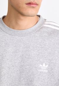 Grå sweatshirt i mjukt tyg, med ribbat rundhals, tre vita horisontella ränder på axlarna och en vit Adidas-logotyp.