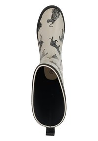 Bottes en caoutchouc blanches avec un design à motifs animaliers noirs. Dotées d'un bout arrondi, d'une bordure noire et d'une boucle à l'arrière pour un enfilage facile. Taille 37.