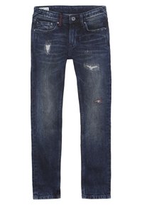Tmavě modré džíny s úzkým střihem, s ošuntělými oblastmi a jemným blednutím. Klasický design s pěti kapsami a zapínáním na jeden knoflík.