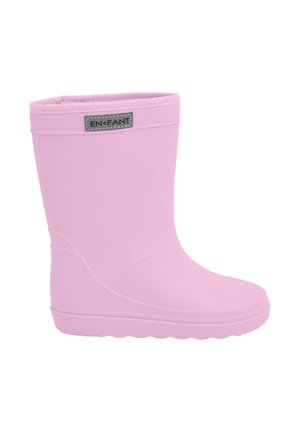 Kindergummistiefel in Pink mit EN FANT-Label, mittelhoch bis zur Wade und mit profilierter Sohle für besseren Halt.