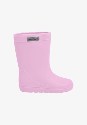 Różowy gumowy kalosz dziecięcy z etykietą EN FANT, sięgający do połowy łydki, z teksturowaną podeszwą zapewniającą przyczepność.