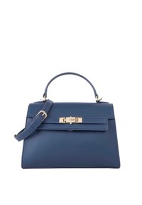 Sac à main en cuir bleu foncé au design structuré, avec une poignée supérieure et une bandoulière amovible. Présente des accents en métal doré et une fermeture à boucle.