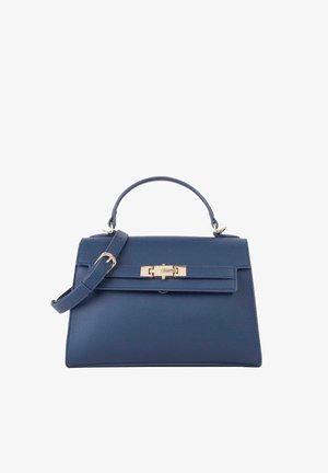 Borsa a mano in pelle blu scuro con design strutturato, manico superiore e tracolla removibile. Presenta dettagli in metallo dorato e chiusura a scatto.