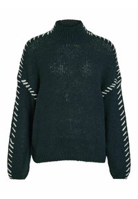 Mörkgrön stickad tröja med hög krage, med vitt broderi längs axlarna och sidorna, samt en lös och strukturerad passform.