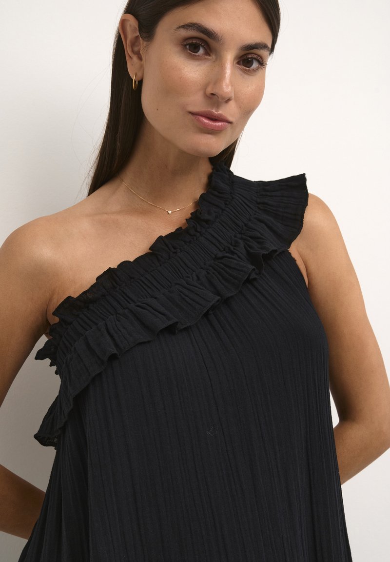 strapless open back dress HONEY One Shoulder Pleated Bow Midi Dress in Black main image 1