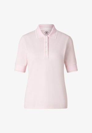 Light pink short-sleeve polo shirt with a collar, four white buttons, and subtle white trim on the collar and cuffs, front view.