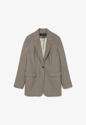 Blazer gris en tissu lisse avec un unique bouton noir, col cranté, deux poches avant, et doublure en satin.