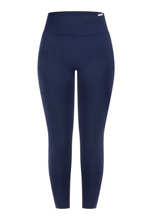 Mørkeblå leggings med en bred talje, lavet af et glat, strækbart materiale. Har en sidelomme og en tætsiddende pasform.