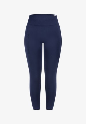 Granatowe legginsy z szerokim pasem, wykonane z gładkiego, elastycznego materiału. Posiadają boczną kieszeń i dopasowany krój.