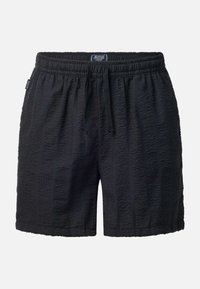 Short noir texturé avec taille élastique et cordon, présentant de fines rayures verticales et une étiquette latérale.