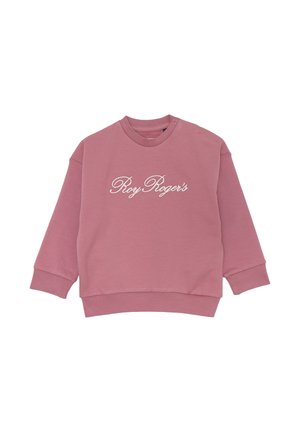Felpa rosa con maniche lunghe, polsini a costine e colletto a girocollo. Presenta un testo ricamato "Roy Roger's" in bianco sul davanti.