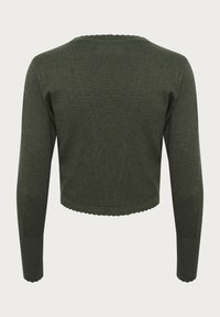 Mörkgrön, kortärmad tröja med långa ärmar, ribbat mönster och vågkant. Enkel, minimalistisk design utan synliga grafiska tryck eller dekorationer.