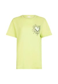 Limonkowo zielony bawełniany t-shirt z krótkimi rękawami, okrągłym dekoltem i nadrukiem serca otoczonego promieniami na lewej piersi.