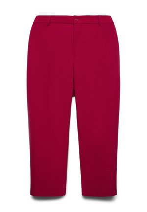 Pantaloni a vita alta, taglio corto e gamba dritta in magenta intenso uniforme, dotati di passanti per cintura e chiusura frontale con bottone.