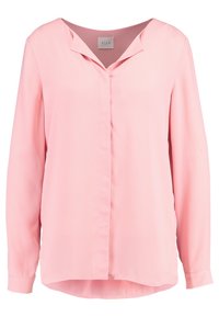 Ljusrosa långärmad blus med V-ringning och knapplist framtill, tillverkad av ett följsamt tyg, med en något rundad fåll.