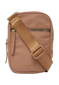 Borsa a tracolla Tan S. Oliver con hardware dorato, tasca con zip e tracolla regolabile. Realizzata in materiale sintetico liscio.