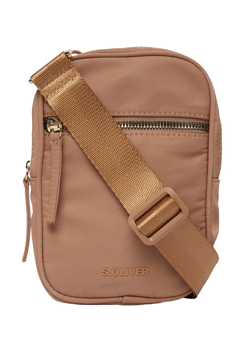 Borsa a tracolla Tan S. Oliver con hardware dorato, tasca con zip e tracolla regolabile. Realizzata in materiale sintetico liscio.