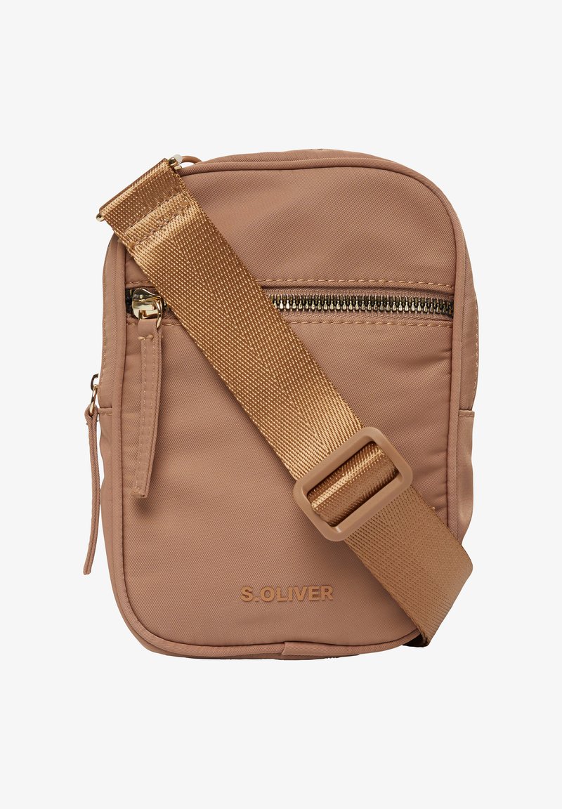 Borsa a tracolla Tan S. Oliver con hardware dorato, tasca con zip e tracolla regolabile. Realizzata in materiale sintetico liscio.