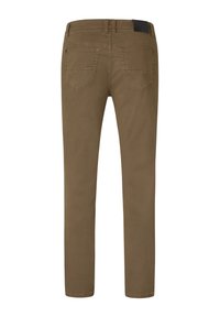 Brown slim-fit pants made of cotton fabric, featuring a smooth texture, two back pockets, and a black waistband label.