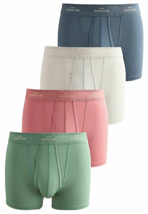 Ensemble de boxers en quatre couleurs : bleu foncé, beige, rose et vert. Tissu doux avec des tailles élastiques étiquetées "NEXT SIGNATURE."
