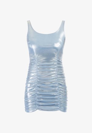 Metallisch blauer Minikleid mit taillierter Silhouette, das horizontale Raffungselemente an den Seiten und einen Rundhalsausschnitt aufweist.