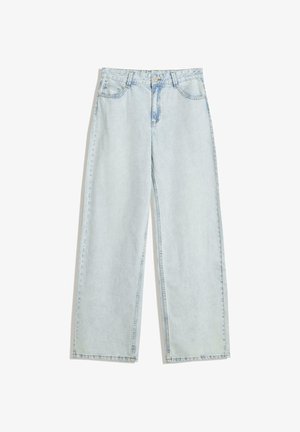Svetlo pranje džins hlače s širokim krojem, ki imajo visok pas, dve sprednji žepu in subtilno bledenje po celotni tkanini.
