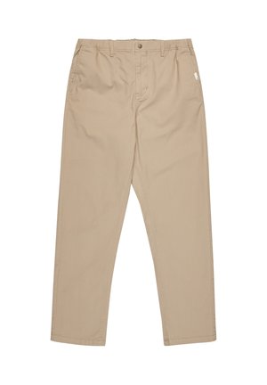 Khaki bukser lavet af letvægtsstof, med lige ben, knaplukning og sidelommer. Glat tekstur med minimal detaljer.