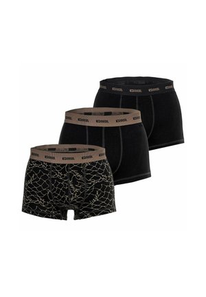Drei Paar Herren-Boxershorts der Marke Diesel, zwei einfarbig schwarz und eines schwarz mit beigem abstraktem Linienmuster, alle mit gebrandetem Bund.