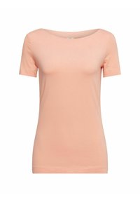 Helles rosa T-Shirt mit kurzen Ärmeln, weitem Rundhalsausschnitt und schlanker Passform. Hergestellt aus weichem, glattem Stoff mit minimalen Nähdetails.