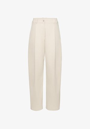 Béžové nohavice s vysokým pásom, prednými záhybmi, slučkami na opasok, zapínaním na gombík a zúženým strihom nohavíc.