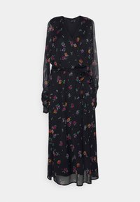 Schwarzes Blumenkleid mit langen, transparenten Ärmeln und V-Ausschnitt. Mit bunten Blumenmustern, einer taillierten Taille und einer fließenden Silhouette.