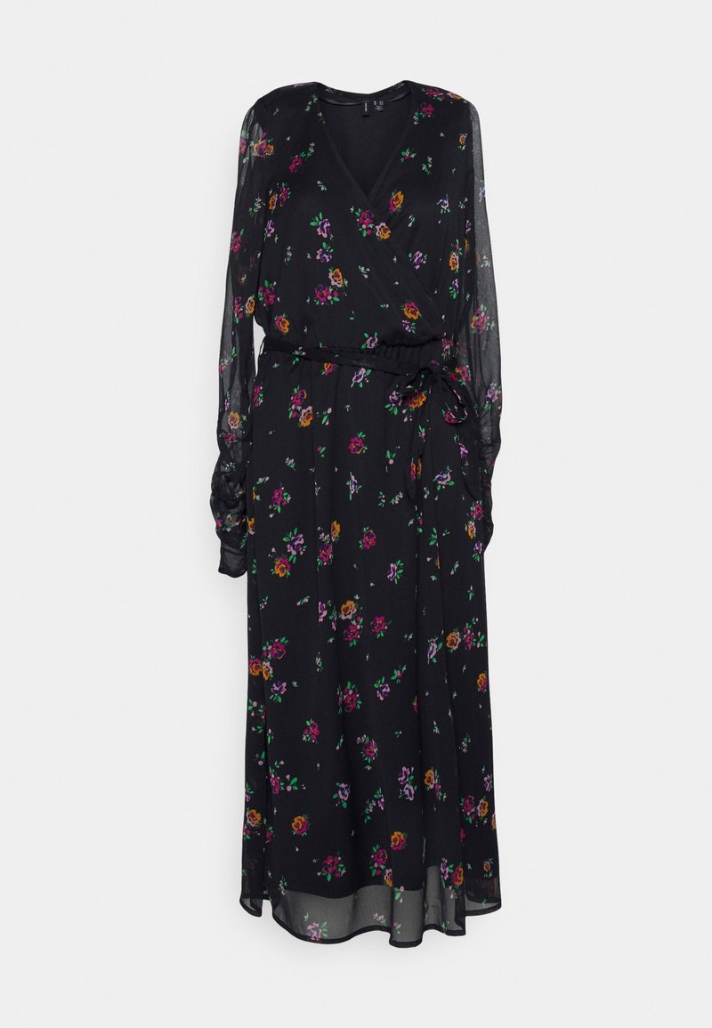 Schwarzes Blumenkleid mit langen, transparenten Ärmeln und V-Ausschnitt. Mit bunten Blumenmustern, einer taillierten Taille und einer fließenden Silhouette.