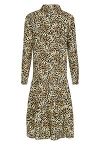 Šaty s leopardím potiskem a dlouhými rukávy, s vrstevnatým lemem, který ukazuje kombinaci béžových a černých vzorů pro odvážný a stylový vzhled.