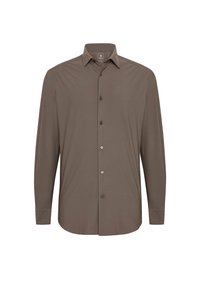 Camicia a maniche lunghe marrone con colletto, caratterizzata da una texture liscia, sei bottoni sul davanti e un orlo dritto.