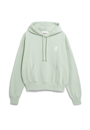 Hellgrüner, kurz geschnittener Hoodie mit Vorderfach, Kordelzug an der Kapuze, gerippten Bündchen und kleinem weißen Logo auf der linken Brust.