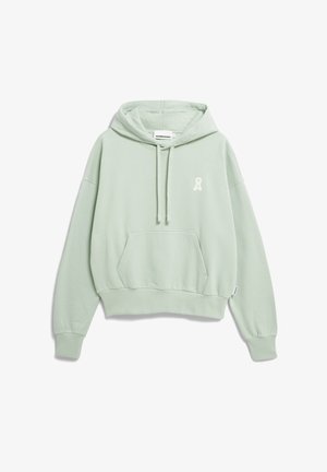 Hellgrüner, kurz geschnittener Hoodie mit Vorderfach, Kordelzug an der Kapuze, gerippten Bündchen und kleinem weißen Logo auf der linken Brust.