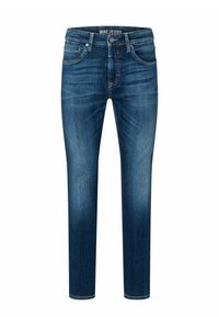 Dunkelblaue Denim-Jeans mit slim Fit, ausgestattet mit fünf Taschen, leichten Ausbleichungen und Metalldruckknopfverschluss. Genähte Details entlang der Nähte.