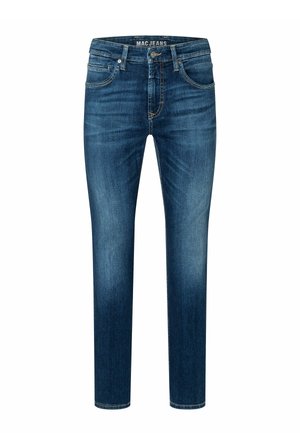 Jean en denim bleu foncé avec une coupe slim, dotée de cinq poches, d'un léger délavage et d'une fermeture à bouton en métal. Détails de couture le long des coutures.