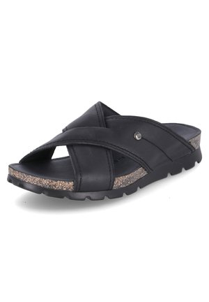 Zwarte leren slippers met gekruiste banden, een gestructureerde kurken voetbed en een flexibele rubberen zool met een geëloxeerd profiel.