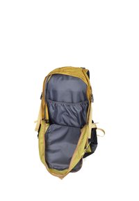 Sac à dos avec un dessus à motif quadrillé jaune, intérieur gris, plusieurs compartiments, sangles en tissu et un corps noir. Fermeture éclair, design léger.