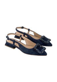 Scarpe slingback in suede navy con punta affusolata, dotate di una fibbia quadrata gioiello e un tacco basso a blocco.