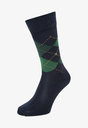 Granatowe skarpetki w zielony wzór argyle, z pomarańczowymi akcentami i ściągaczem. Wykonane z miękkiego, elastycznego materiału dla zapewnienia wygody.