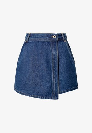 Dunkelblaue Jeansrock in kurzer Länge, Wickeldesign mit seitlichem Knopfverschluss und sichtbaren Nähdetails. Glatte Textur mit sauberem Finish.