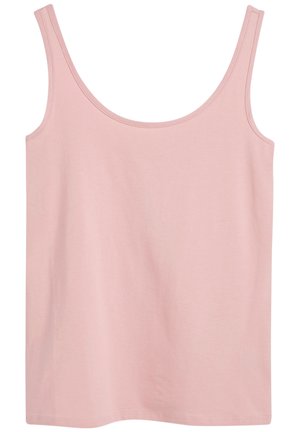 Débardeur en coton rose avec un col rond, des bretelles fines et une texture douce. Design simple et sans embellissement.
