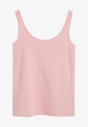 Roza bombažna majica brez rokavov z zaobljenim izrezom, ozkimi naramnicami in gladko teksturo. Preprost, neokrašen dizajn.