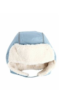 Sinine polsterdatud müts, millel on pehme valge kunstkarusnahast vooder ja kõrvaklapid. Omab kumerat kuju ja tagasihoidlikke õmblusdetailide.