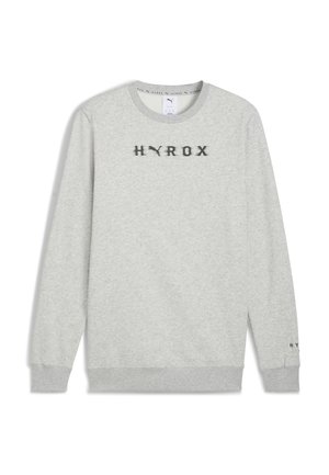 Grau Sweatshirt aus weichem Material, mit Rundhalsausschnitt, langen Ärmeln und gesticktem "HYROX"-Logo in Schwarz auf der Brust.